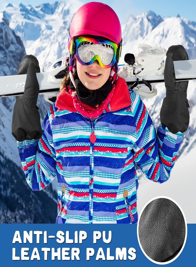MCTi Kids Mittens Waterproof Winter Ski Warm Sherpa Lined Long Cuff with String (Black, XX-Small(Fits 5-7 Years)) - Image 4